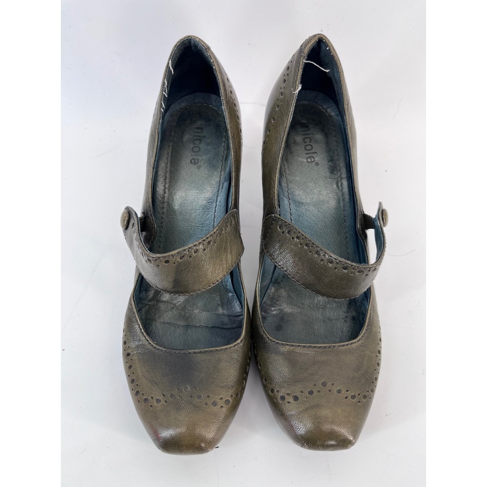 Womens Olive Green Leather Brogue Mary Jane Stacked Heel Shoes Size 8 Whimsical